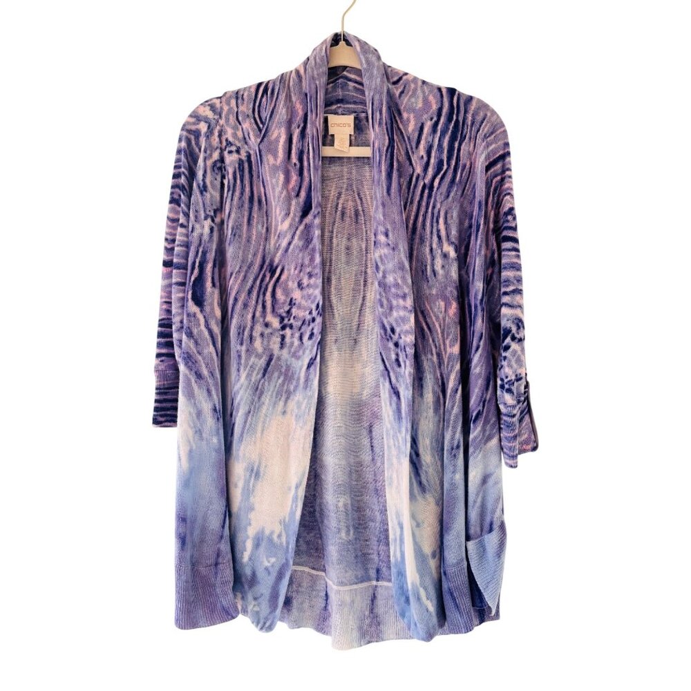 Chicos Open Front Tie-Dye Cardigan Sweater Lightweight Purple Blue Womens Sz.2
